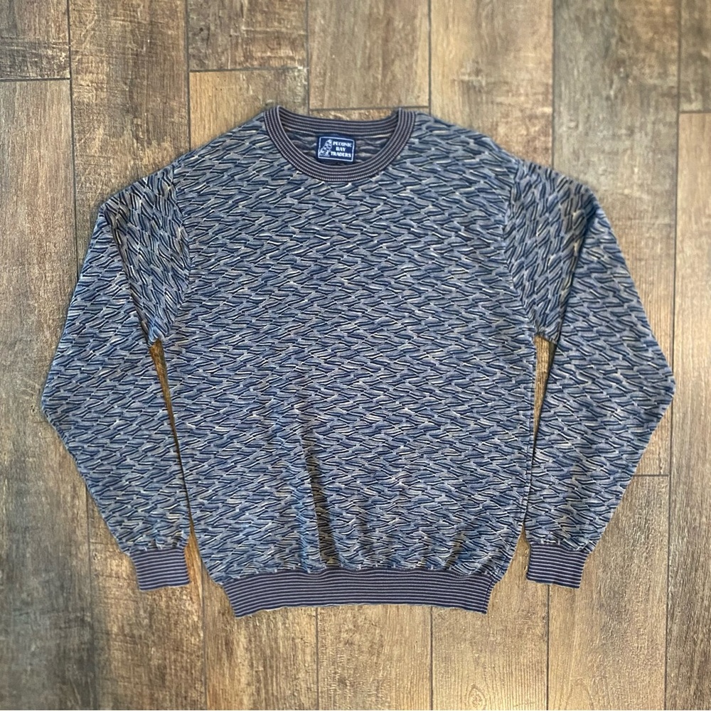 vintage coogi-style kaleidoscope pattern blue & grey long sleeve shirt